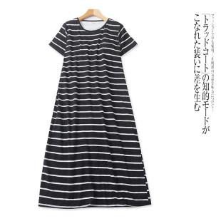 显瘦时尚 圆领套头条纹修身 长裙 连衣裙新款 H3323外贸日单女士短袖