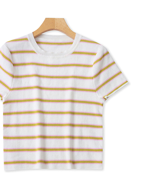 N5223外贸欧美甜美女生条纹撞色短袖针织衫新款圆领修身短款上衣