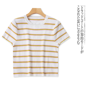 圆领修身 N5223外贸欧美甜美女生条纹撞色短袖 针织衫 新款 上衣 短款