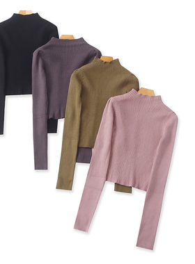 J5963外贸日单女士打底针织衫冬款半高领套头弹力修身短款毛衣