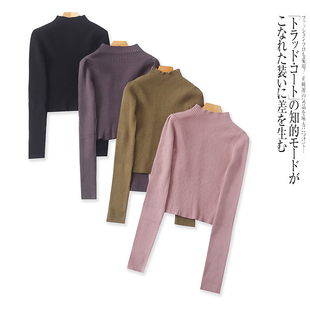 J5963外贸日单女士打底针织衫冬款半高领套头弹力修身短款毛衣