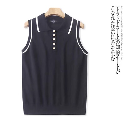 AA5289外贸欧美女士无袖针织衫新款翻领纽扣设计套头拼色时尚上衣