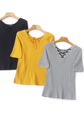 H4256外贸女士短袖上衣春夏新款前后V领系带设计修身显瘦T恤