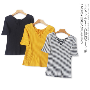 显瘦T恤 前后V领系带设计修身 H4256外贸女士短袖 上衣春夏新款