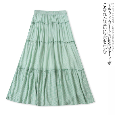 AA5689外贸欧美女士半身裙夏季松紧腰清新格子蛋糕裙 显瘦中长裙