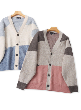 G5270外贸日单女士针织开衫新款V领拼色宽松大码胖MM显瘦毛衣