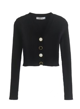 CC0889外贸欧美短款针织衫秋季新款女士V领纽扣修身显瘦气质上衣