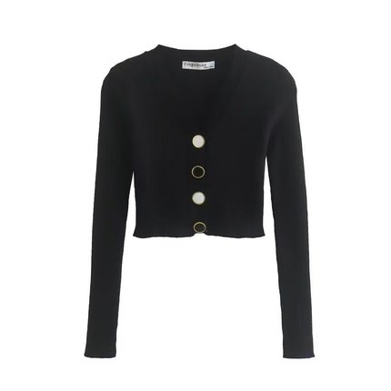 CC0889外贸欧美短款针织衫秋季新款女士V领纽扣修身显瘦气质上衣