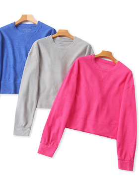 B5650外贸欧美单女生卫衣冬季新款圆领套头宽松短款休闲上衣