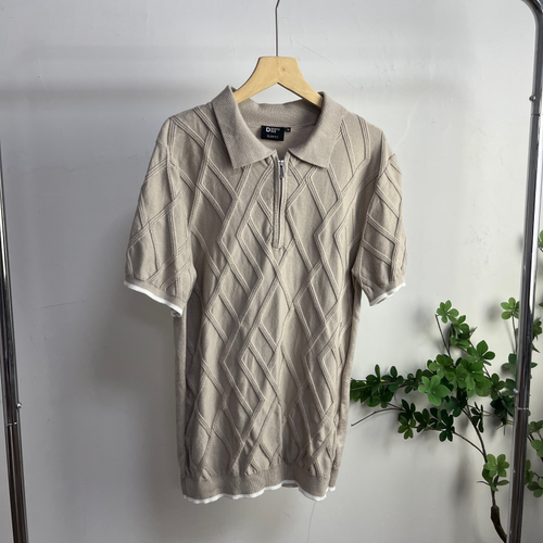 W7521外贸欧美菱格提花针织 Polo 衫男半拉链翻领撞色边短袖上衣