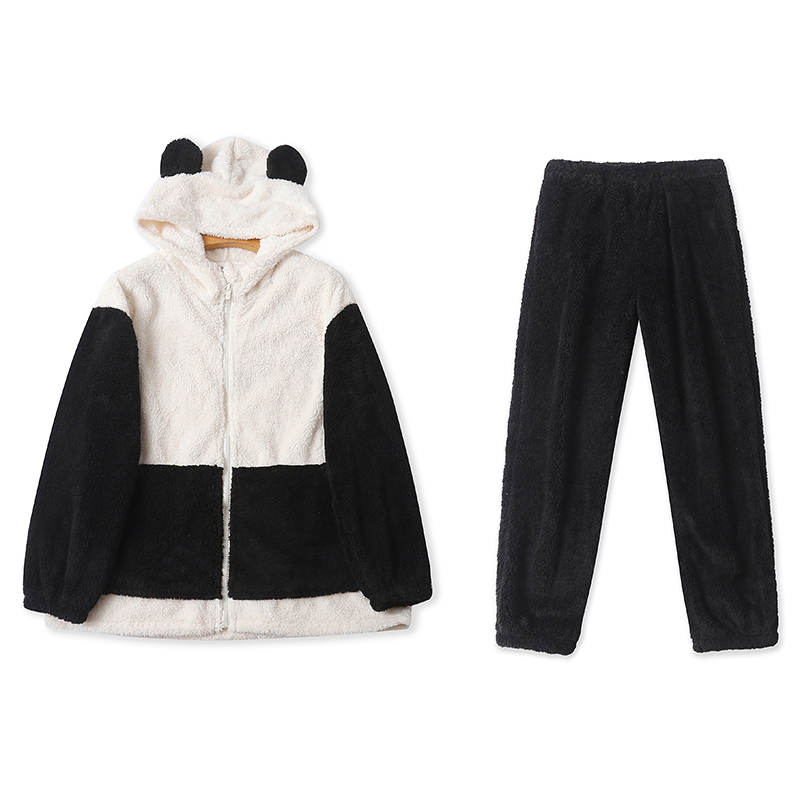 外贸可爱熊猫毛绒家居服套装秋冬新款珊瑚绒连帽睡衣松紧腰睡裤