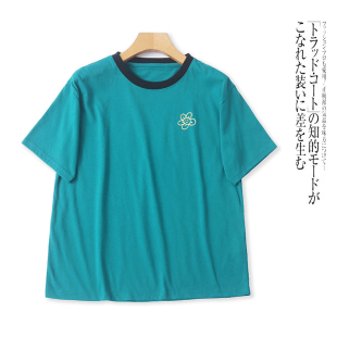 JJ9866外贸日单女生休闲短袖 圆领套头拼色宽松上衣 T恤春夏新款