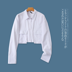 外贸日单女士短款衬衫秋季新款翻领单排扣宽松休闲时尚短款上衣