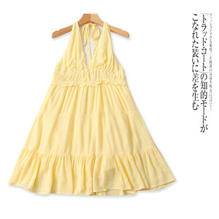 J4613外贸欧美单女士连衣裙新款V领挂脖露肩高腰显瘦性感中长裙