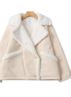 KK2633外贸欧美单女士加厚外套冬季新款翻领纽扣拼色宽松加绒上衣