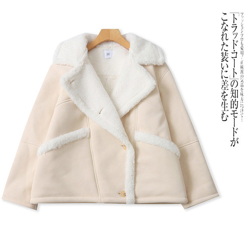 KK2633外贸欧美单女士加厚外套冬季新款翻领纽扣拼色宽松加绒上衣