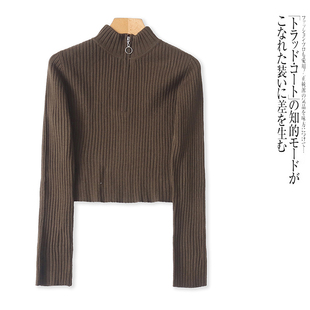 J2152外贸欧美单女士针织衫冬季新款立领半拉链套头修身短款毛衣