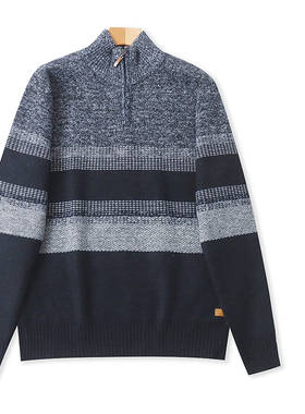 DD8302外贸欧美男士毛衣冬季新款立领半拉链套头拼色加绒针织衫