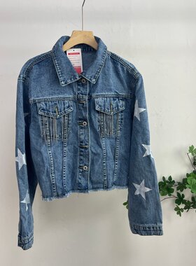 HH8565外贸欧美星星印花水钻流苏牛仔外套女短款毛边下摆翻领夹克