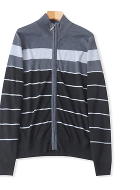 HH8448外贸欧美男士休闲针织衫新款立领拉链条纹拼色宽松百搭毛衣