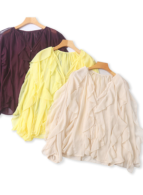 V4215外贸欧美女装雪纺衫新款V领纽扣超仙法式荷叶边设计显瘦上衣