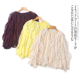 V领纽扣超仙法式 新款 荷叶边设计显瘦上衣 雪纺衫 V4215外贸欧美女装