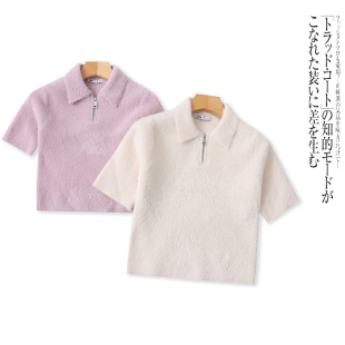 毛衣早春新款 针织衫 翻领半拉链修身 短袖 女 短款 C3246外贸欧美半袖