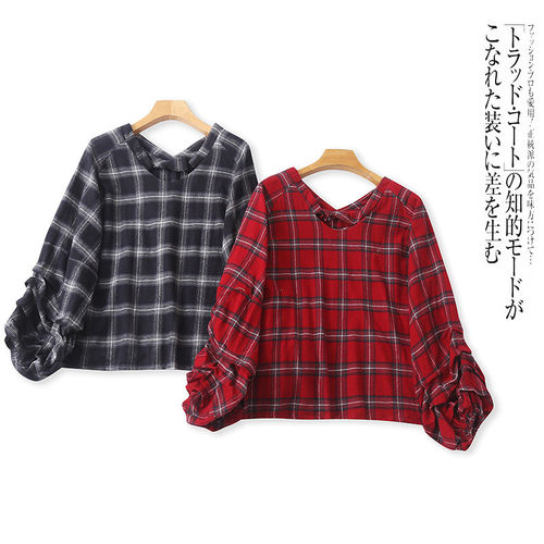 NN0652外贸欧美女士衬衫新款V领套头复古格子拼色松弛感上衣