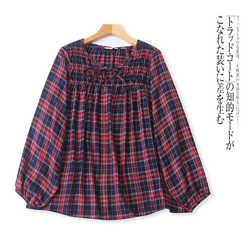 H9533外贸欧美单女士长袖衬衫春季新款圆领系带宽松格子拼色小衫