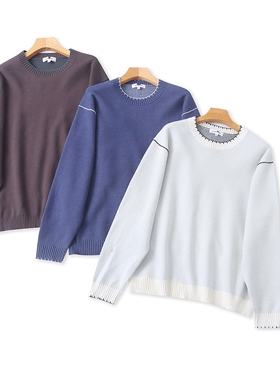 V2965外贸日单女士毛衣冬季新款圆领套头拼色宽松大码针织衫