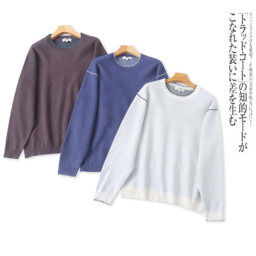 V2965外贸日单女士毛衣冬季新款圆领套头拼色宽松大码针织衫
