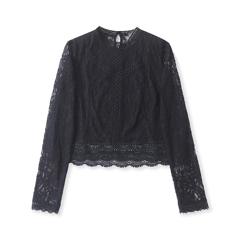 GG4482外贸欧美单女士蕾丝衫秋季新款圆领套头修身显瘦气质小衫