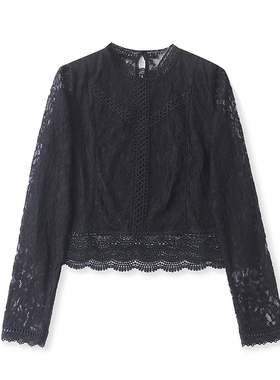 GG4482外贸欧美单女士蕾丝衫秋季新款圆领套头修身显瘦气质小衫