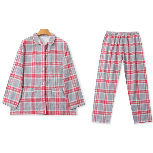 N5184时尚格子拼色女士家居服春季新款翻领长袖睡衣松紧腰睡裤