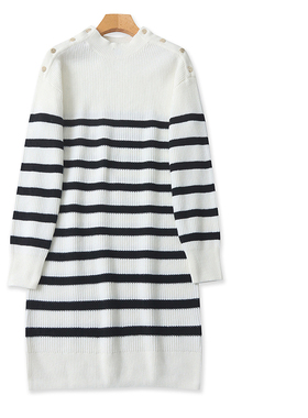 B1518外贸欧美女士针织裙新款圆领修身条纹拼色显瘦中长款毛衣裙