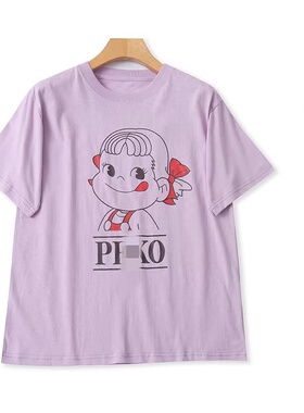 DD6135外贸日单女生学院风短袖T恤新款圆领套头卡通印花休闲上衣