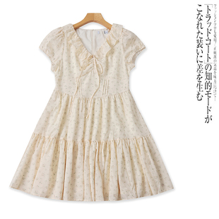 A5557外贸欧美甜美女生连衣裙夏季荷叶边领系带碎花显瘦中长裙