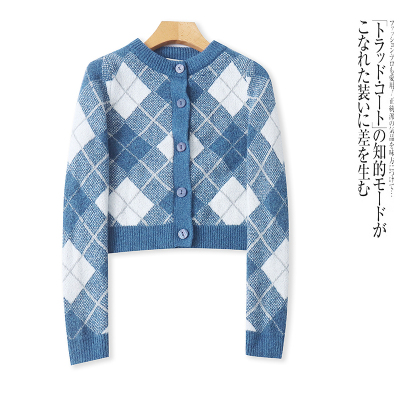D4596外贸欧美女士毛衣开衫新款半圆领单排扣格子拼色宽松针织衫