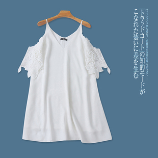 外贸欧美女士连衣裙夏季 V领露肩蕾丝花边拼接宽松甜美吊带裙 新款