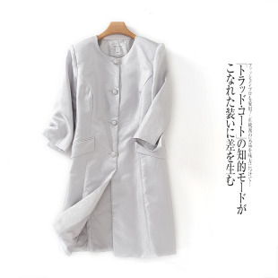 新款 长款 半圆领纽扣开衫 时尚 外套 七分袖 外贸欧美风女士风衣秋季