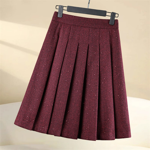 毛呢细闪百褶裙红色中长款A字裙