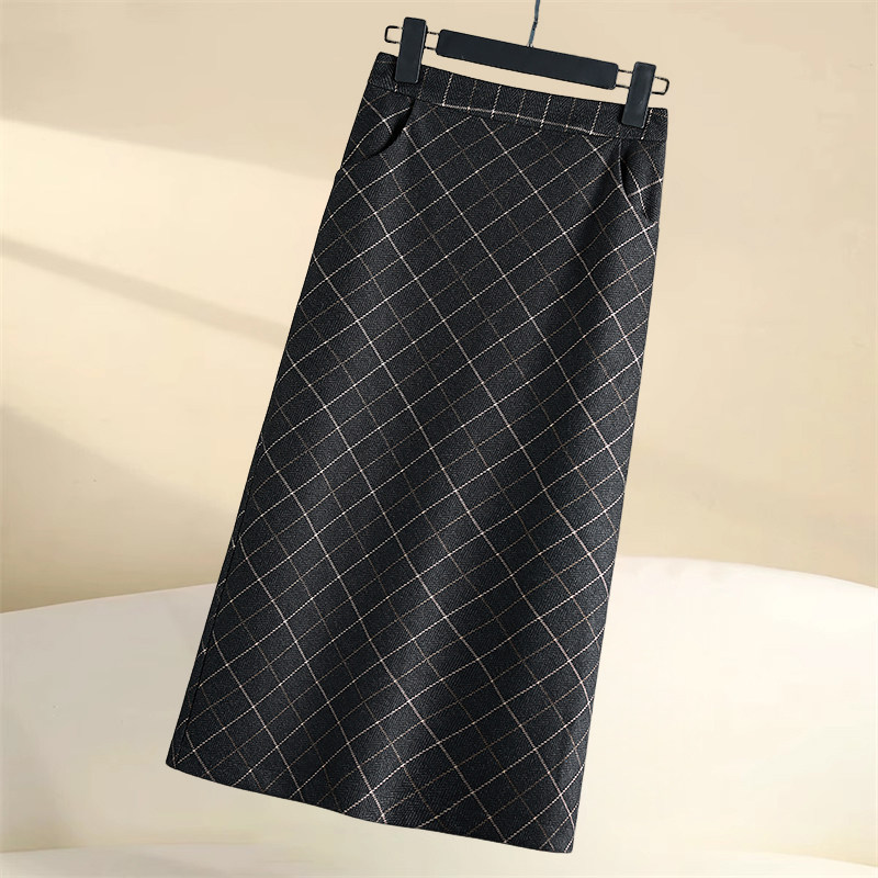 秋冬毛呢格子半身裙高腰显瘦垂感 a字裙小个子大码百搭开叉中长裙