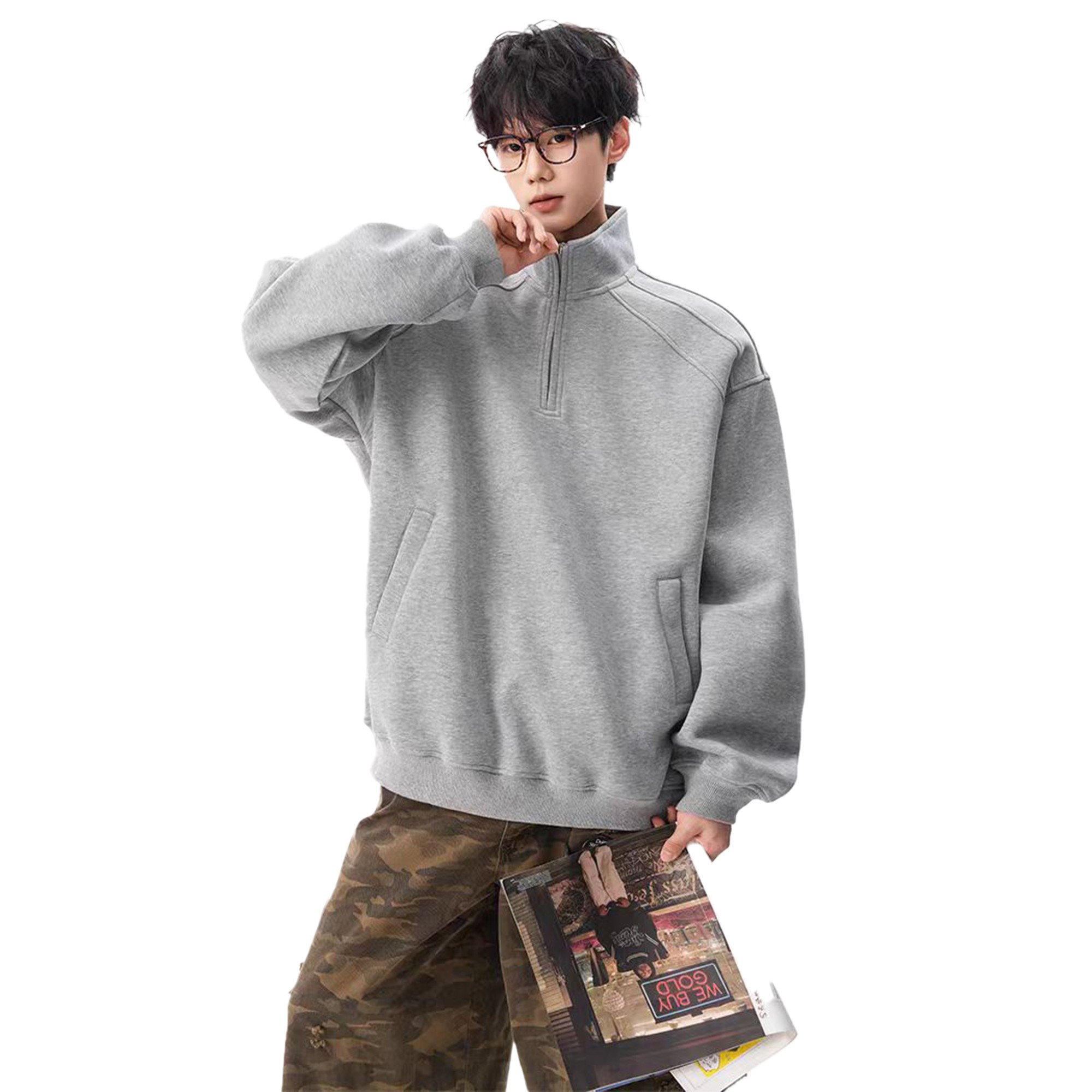 XDFM 美式cleanfit纯色拼接压边半拉链立领套头卫衣高街复古外套