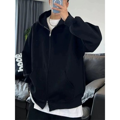 XDFM 美式双头拉链cleanfit纯色宽松开衫连帽卫衣基础款外套帽衫