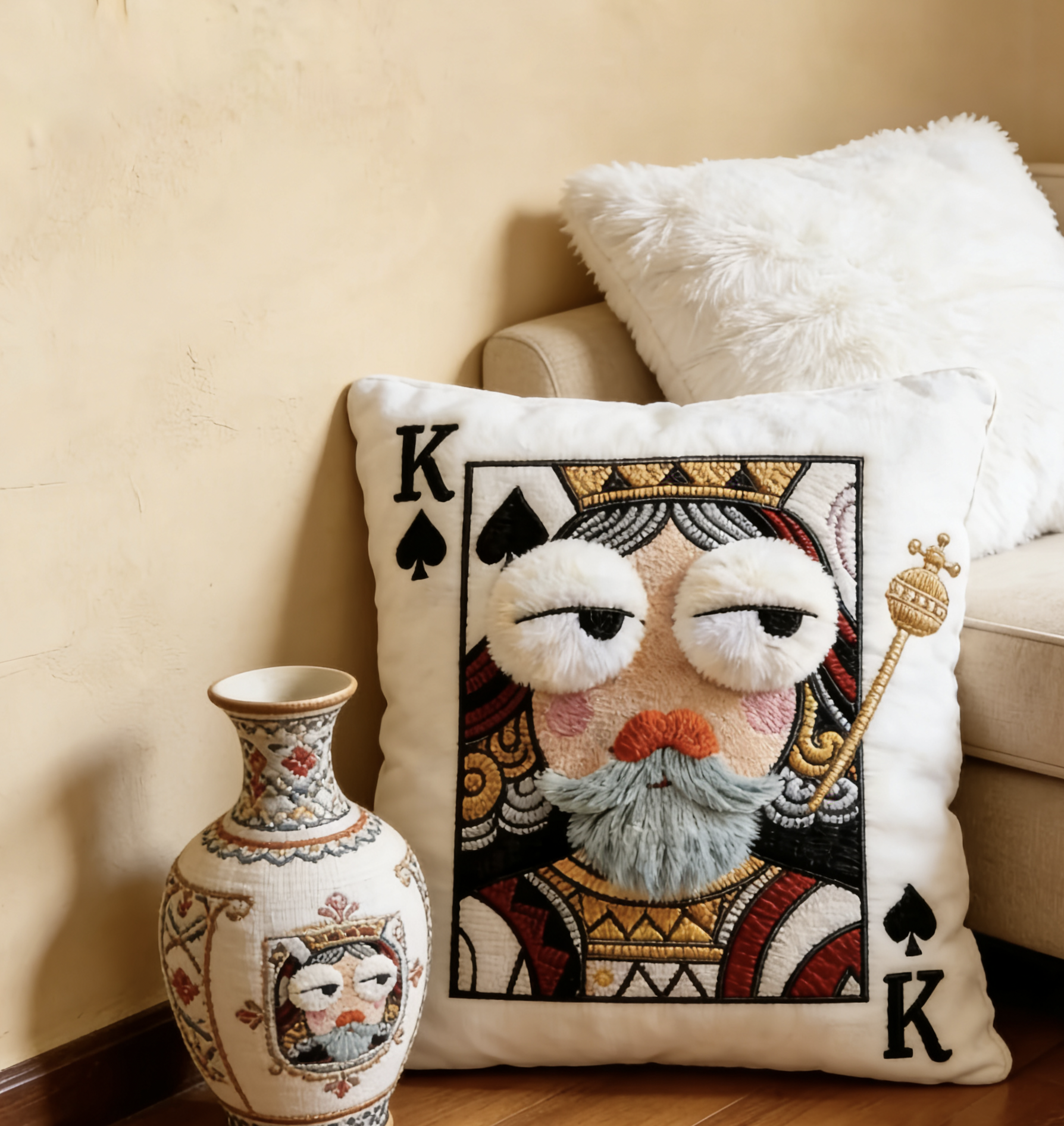 毛绒刺绣扑克牌刺绣抱枕卡通风靠垫高颜值女王靠垫趣味送朋友闺蜜