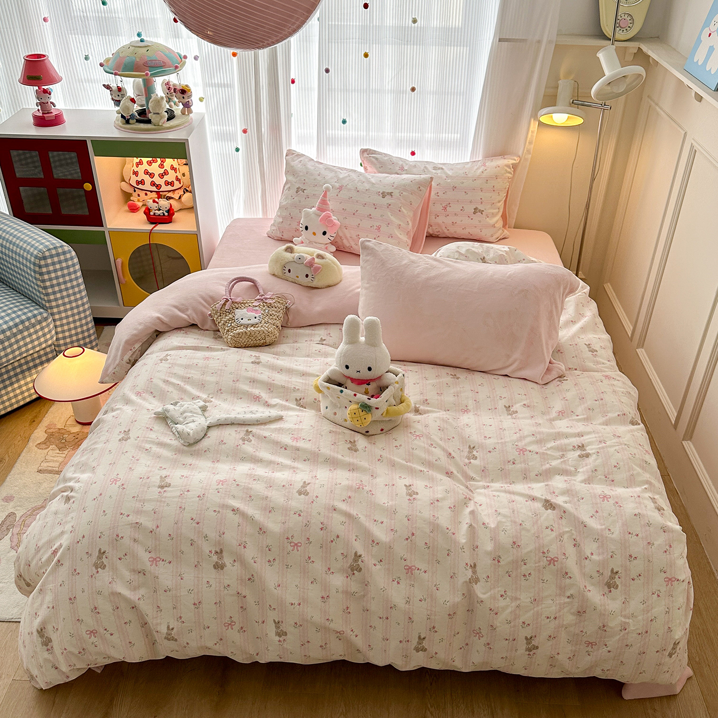 蕾丝小兔A面纯棉B面牛奶绒四件套