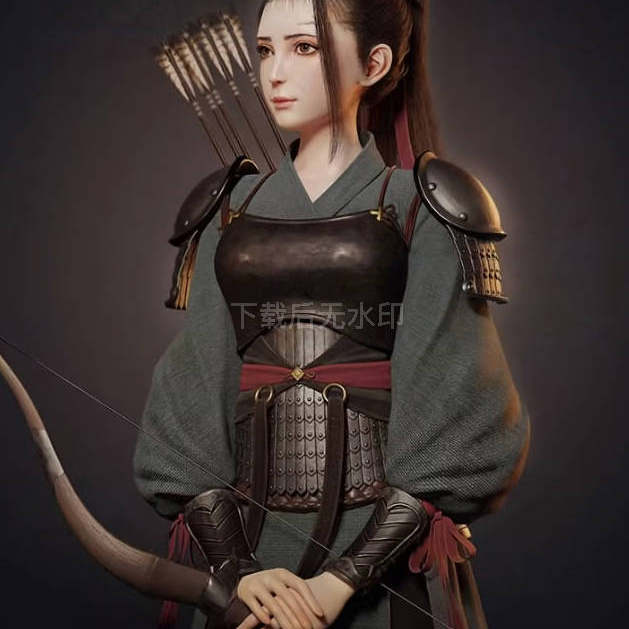 flycat古风长发美女弓箭手3D模型PBR将军皮甲blend手绘低模射手