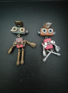 DIY木质手工朋克机器人饰品挂件成品吊坠钥匙扣项链情侣项链