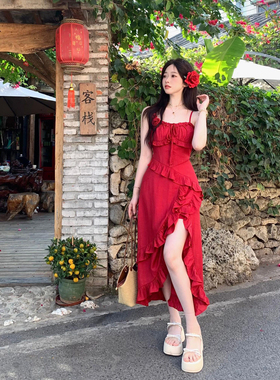 2024夏季新款气质时尚潮流法式红色开衩长裙修身简约超仙吊带裙女