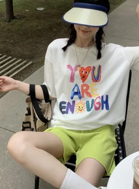 韩版纯棉印花半袖设计宽松T恤涂鸦英文潮女短袖小众百搭220G白色